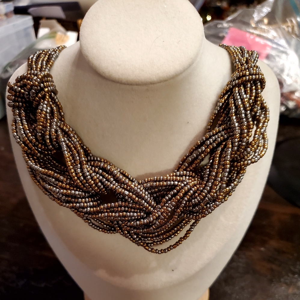 Gold and gunmetal bead necklace and earrings